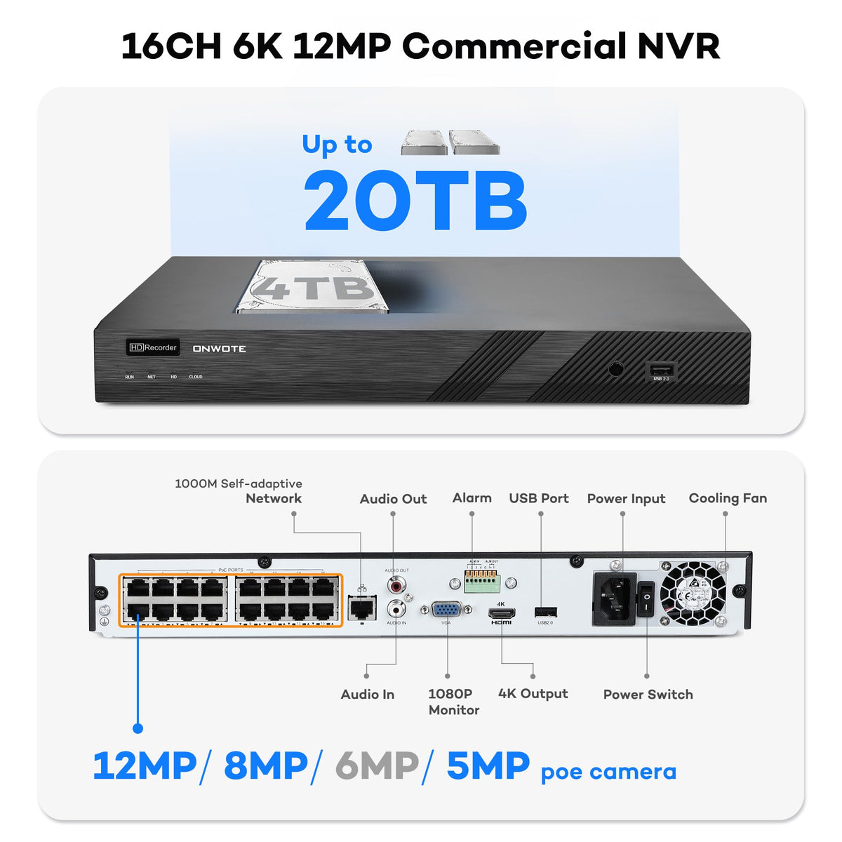 ONWOTE 12MP NVR 16 Channel Security System, 12x 6MP Wired PoE IP Cameras