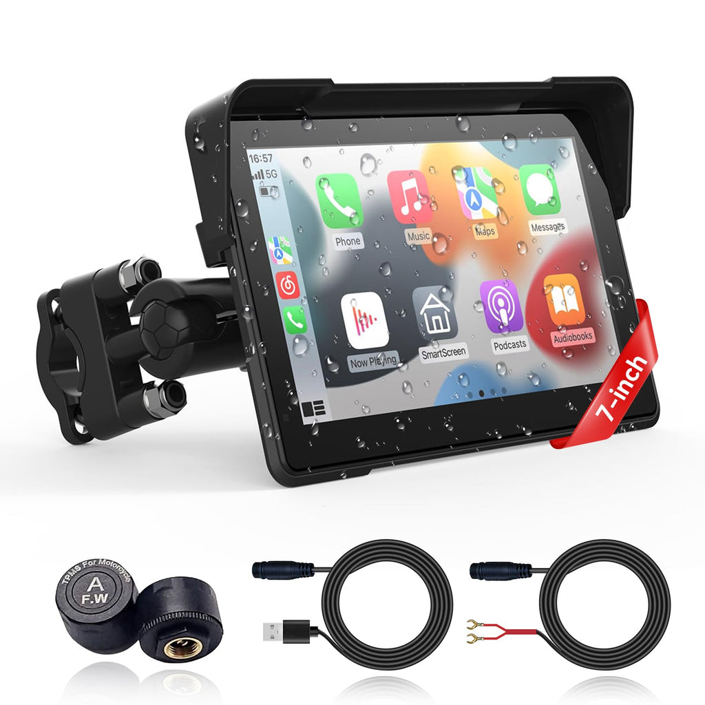 Wireless Motorcycle Apple Carplay & Android Auto,7 Inch Touchscreen with AHD Dual Cam,Siri & Google Assistant, Looping Recording/BSD/Bluetooth 5.2/ GPS/Remote Control/TMPS /IP69K Waterproof /128GB