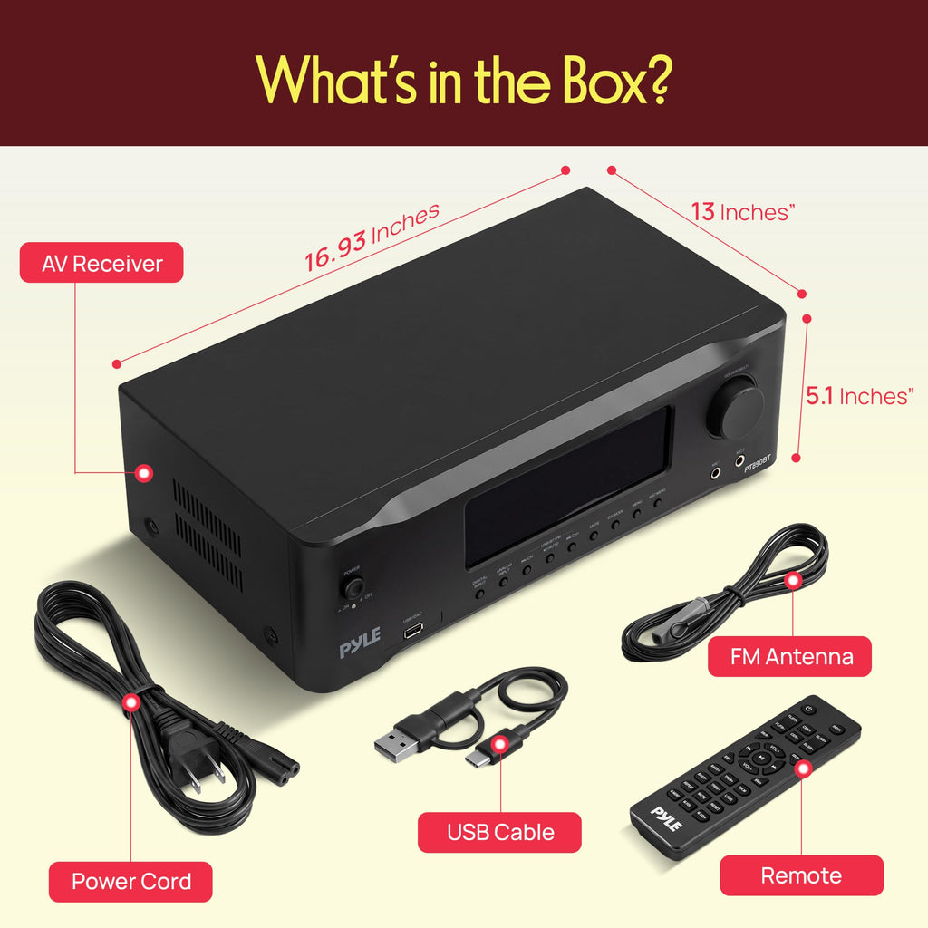 Pyle 9.1 Channel AV Receiver | 3000 Watts Peak Power, Audio Amplifier with Subwoofer Output, HD 2.1, Bluetooth Streaming | Surround Sound System for TV with Center 2, Extra Surrounds