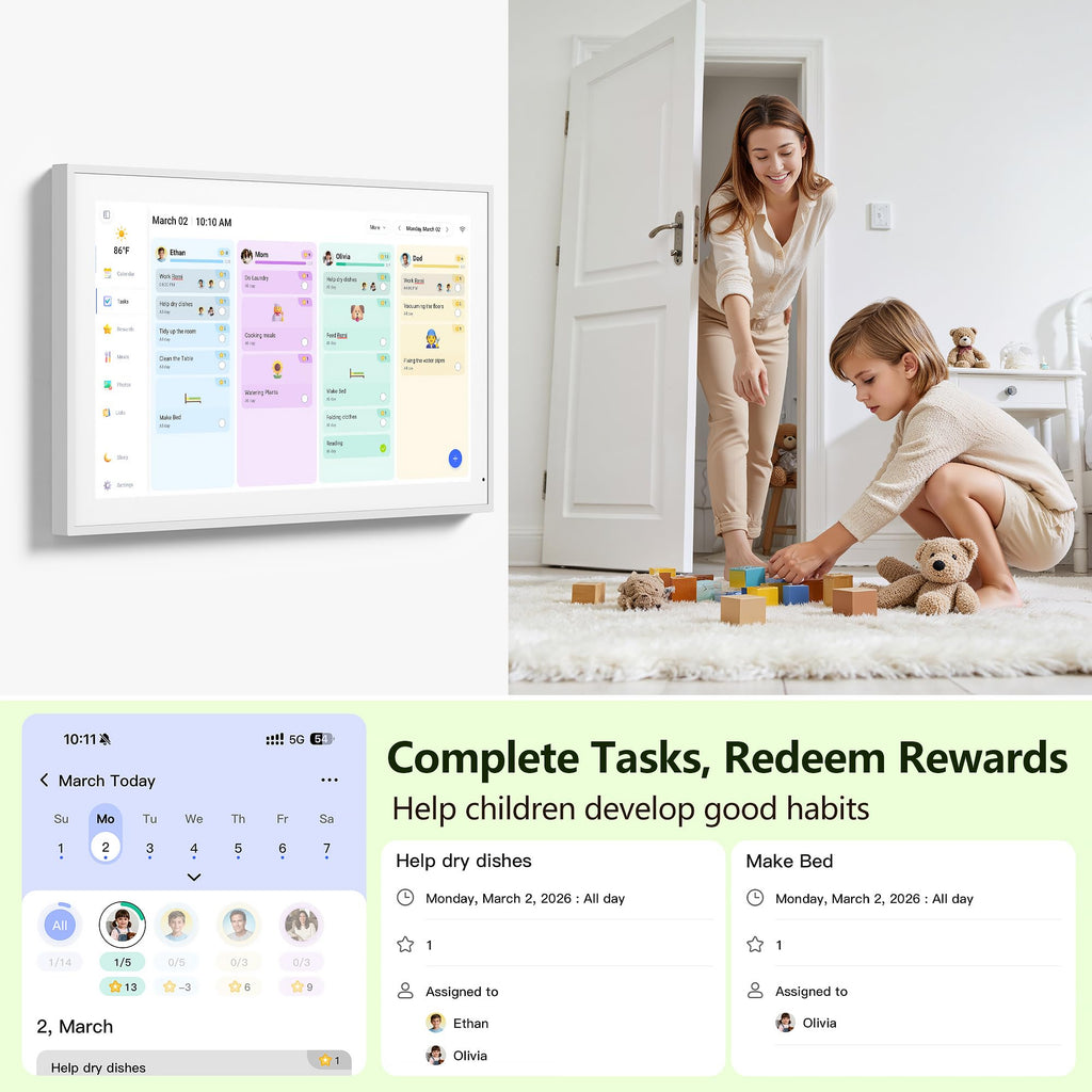 Digital Calendar, 15.6 Inch Wall Planner Electronic Calendar & Chore Chart, Smart Touchscreen Interactive Display for Family Schedules, Great for Organizing Your Routines, Wall & Desk Mountable