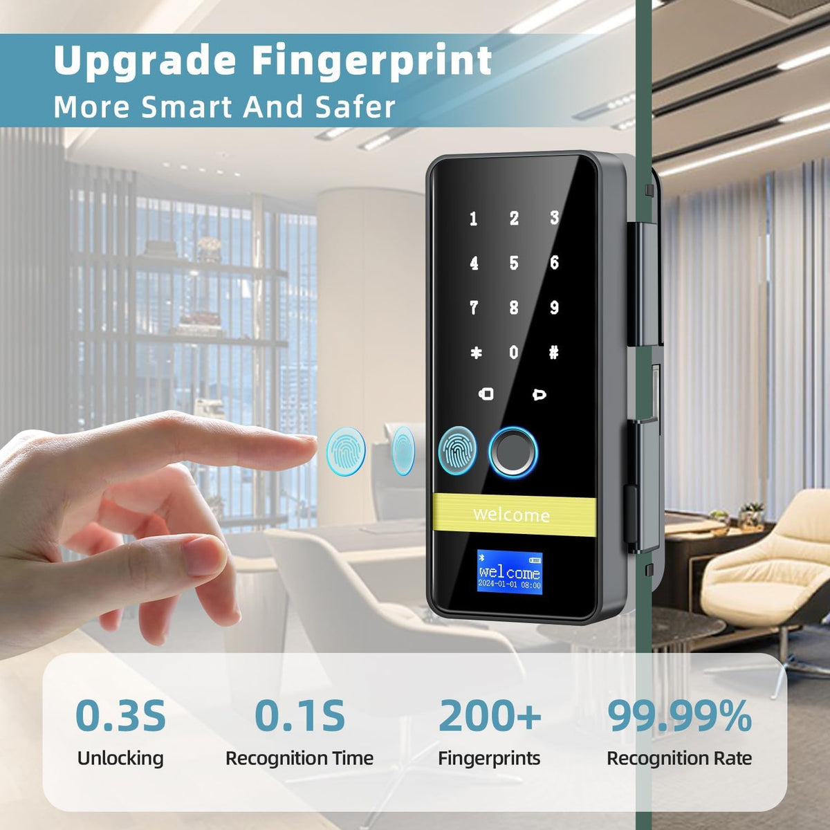 Smart Glass Door Lock, 2026 New Keyless Entry Door Lock, Biometric Fingerprint Glass Door Locks, Electronic Keypad Biometric Lock with App Control, Sliding Door Smart Lock for Office, Home, Store