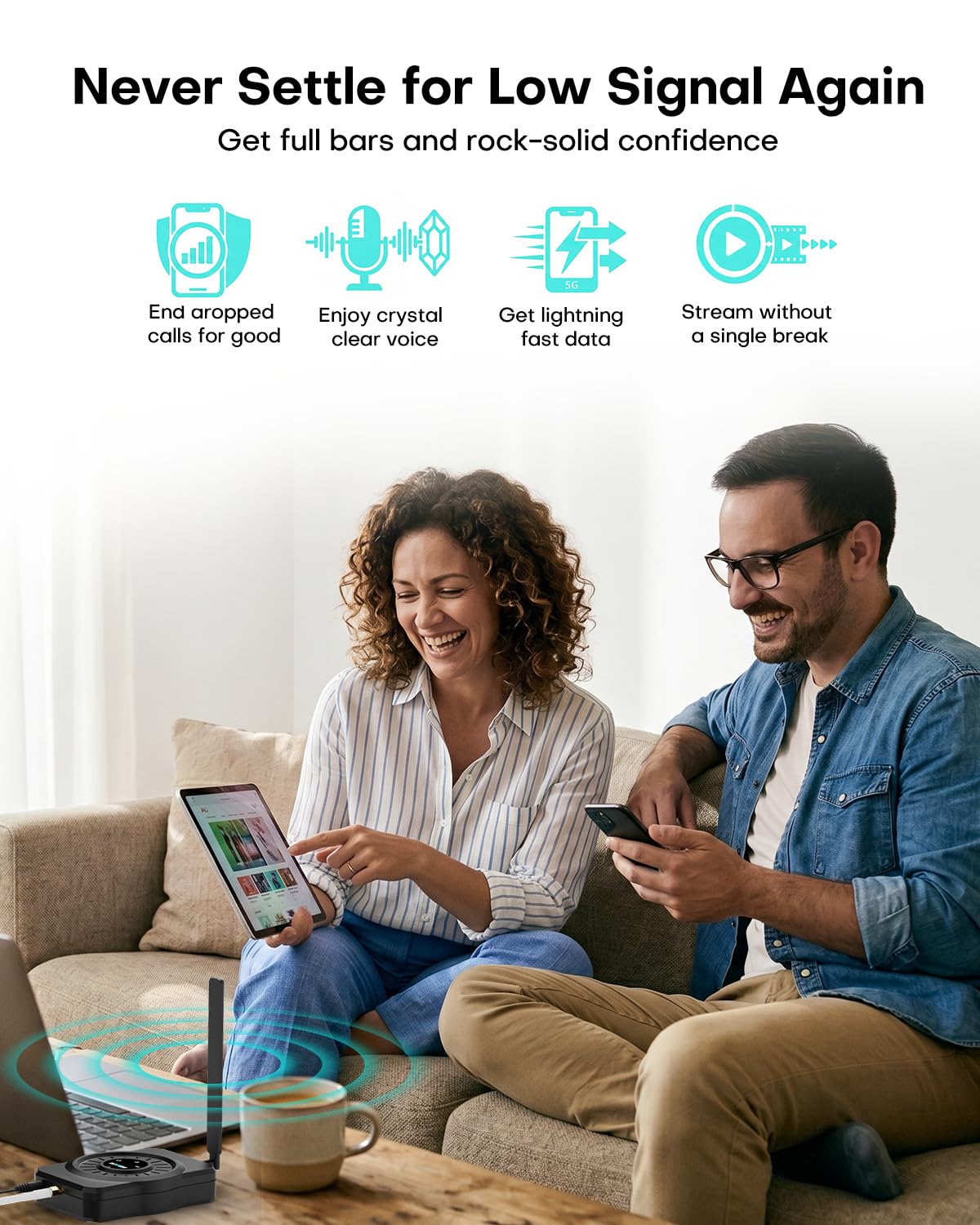 Cell Phone Signal Booster for All US Carriers, Boosts 5G 4G, Cell Phone Booster 72dB High Gain Antennas, Cellular Verizon and AT&T, T-Mobile Signal on Band 12/17,13,5,25/2,4, FCC Approved