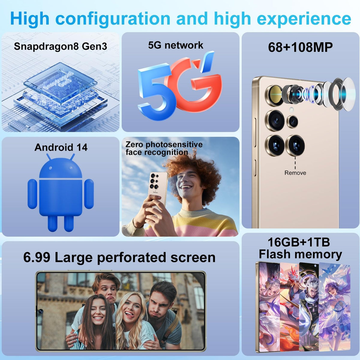 Huness I25 Ultra Unlocked Cell Phone,Built in Pen,16+1TB Unlocked Phone, Android 14 Battery 7000mAh 6.99" HD Screen Smartphone, 5G/Face ID/Fingerprint Lock/Dual SIM/GPS(Gold, 16+1TB)