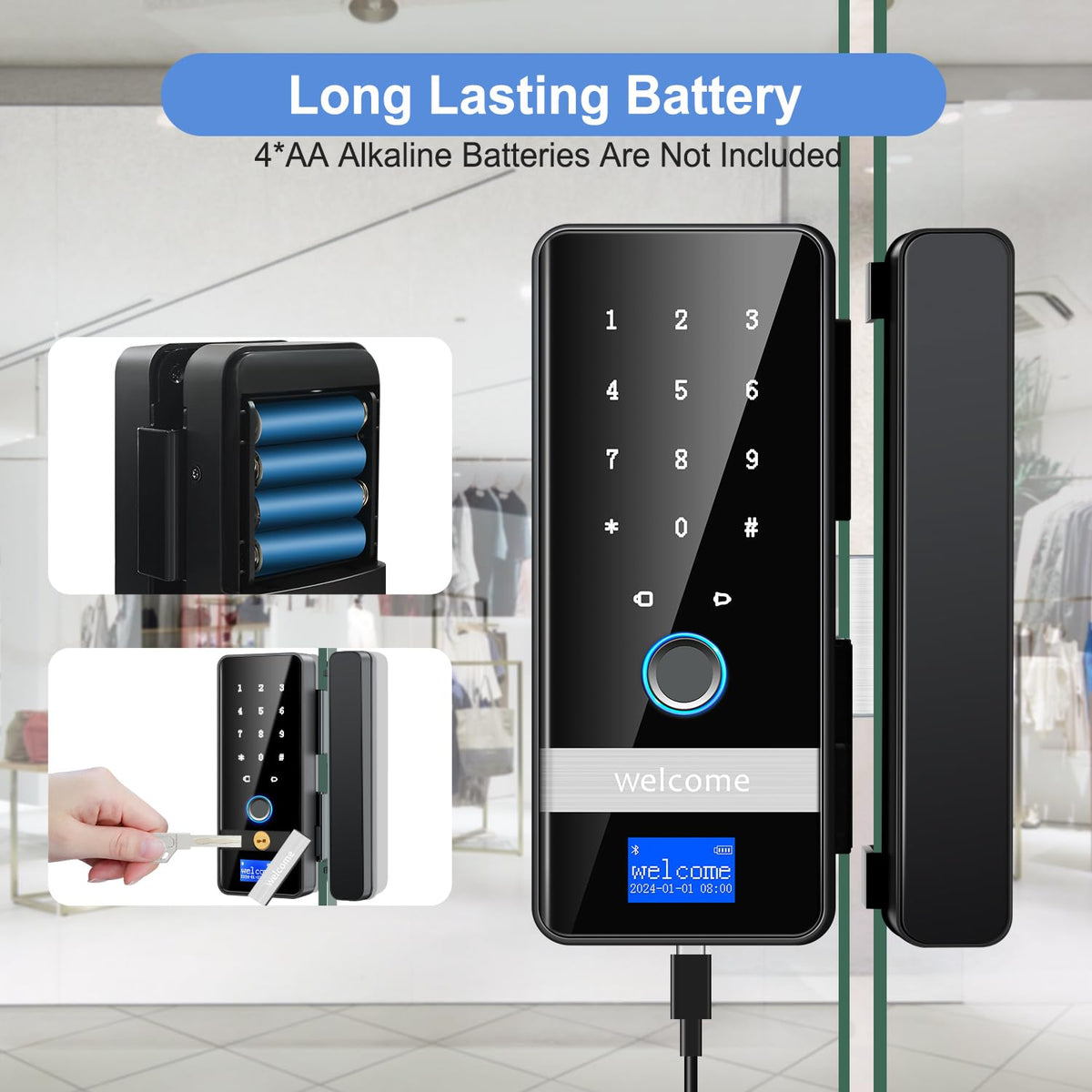 Smart Glass Door Lock, 2026 New Keyless Entry Door Lock, Biometric Fingerprint Glass Door Locks, Electronic Keypad Biometric Lock with App Control, Sliding Door Smart Lock for Office, Home, Store