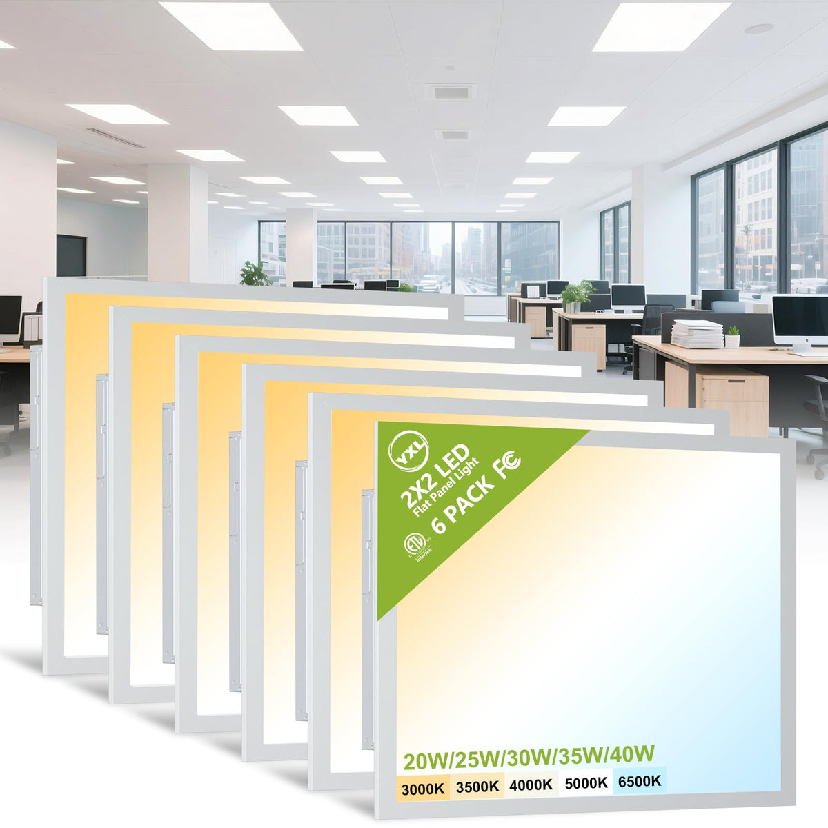 YXL 6 Pack 1x4 LED Flat Panel Light Office Light, 5200LM, 5CCT LED Drop Ceiling Light Fixture, 40W/35W/30W/25W/20W Selectable,6500K/5000K/4000K/3500K/3000K,Dimmable 0-10V,ETL
