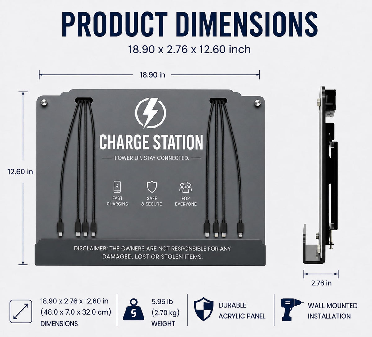 Wall Mounted Cell Phone Charging Station 8 Charging Cables 5V2.4A