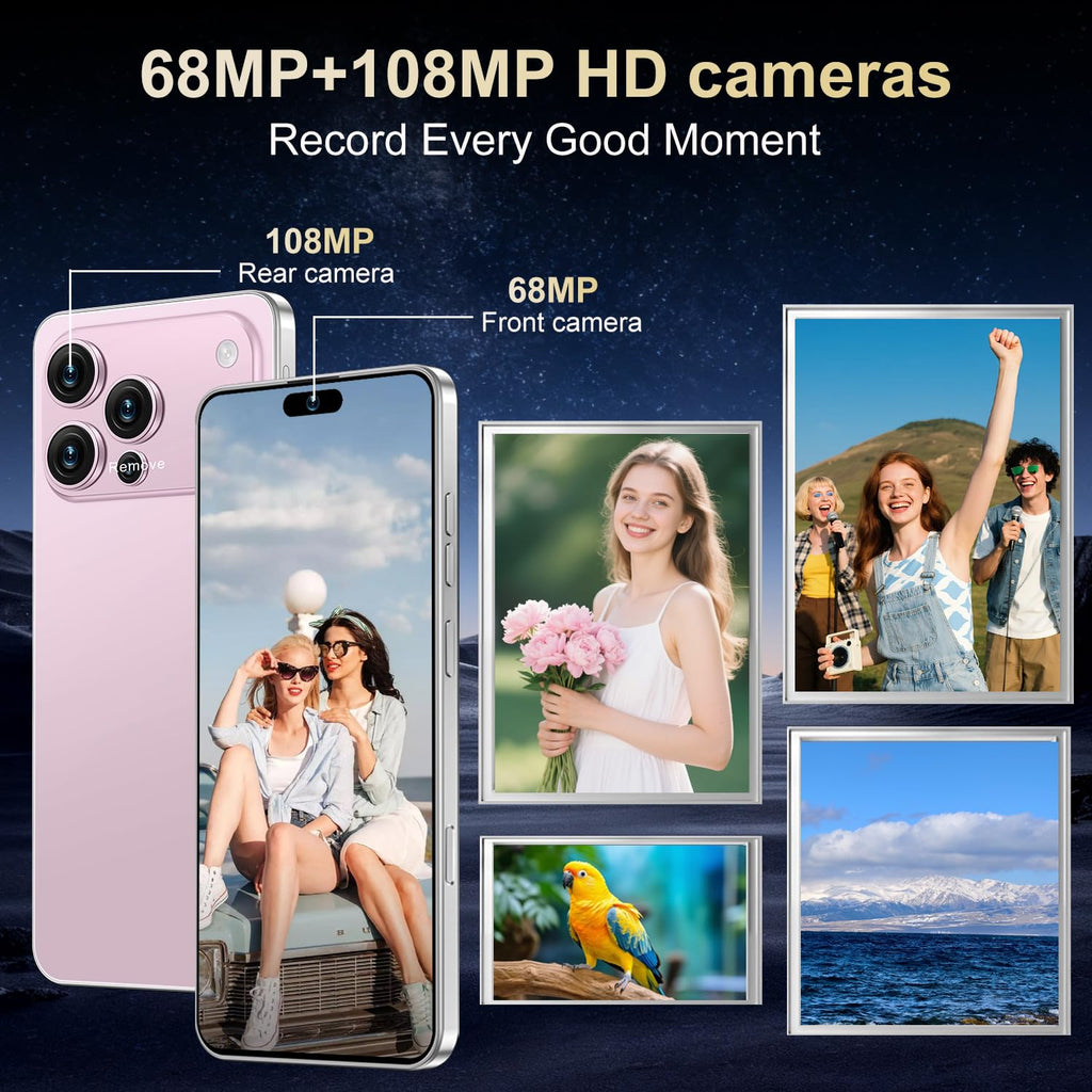 Ecshock 17PM Unlocked Phone | Cell Phone Android 15.0 | 16+512GB Smartphone| 6.99" HD Display | Long Battery Life 7000mAh | 68+108MP Zoom Camera| Fingerprint Lock | with Dual SIM (Pink)