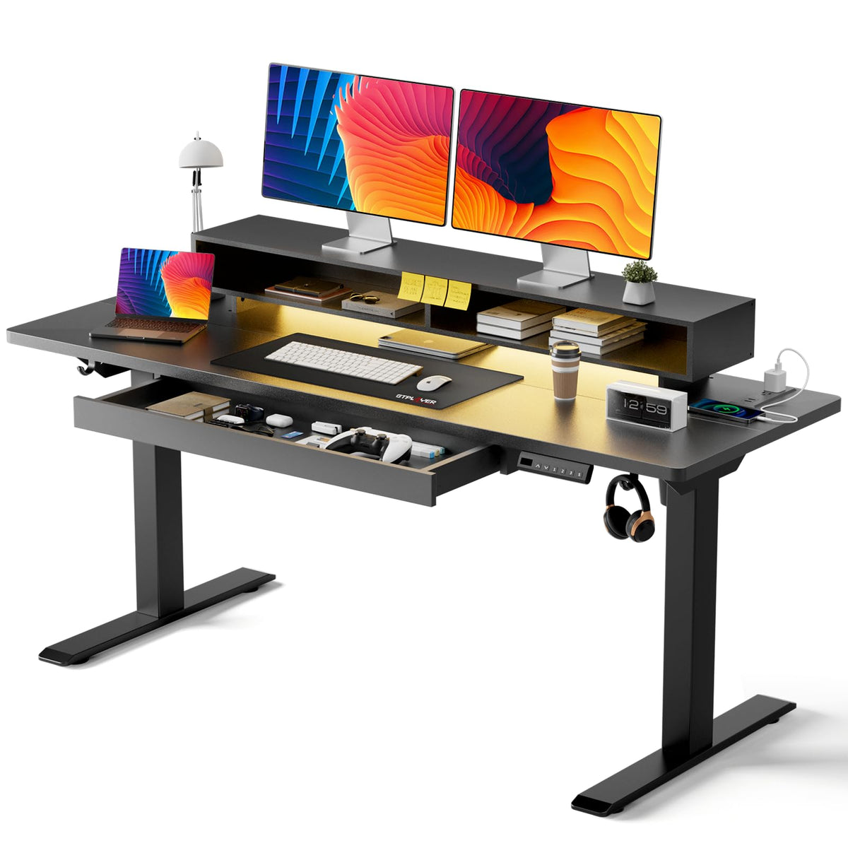 GTPLAYER Electric Standing Desk with Drawers, 48 x 24 Inch Height Adjustable Gaming Desk with Monitor Stand, Power Outlets & LED Lights, Home Office Sit Stand Up Desk with Memory Preset (Black)