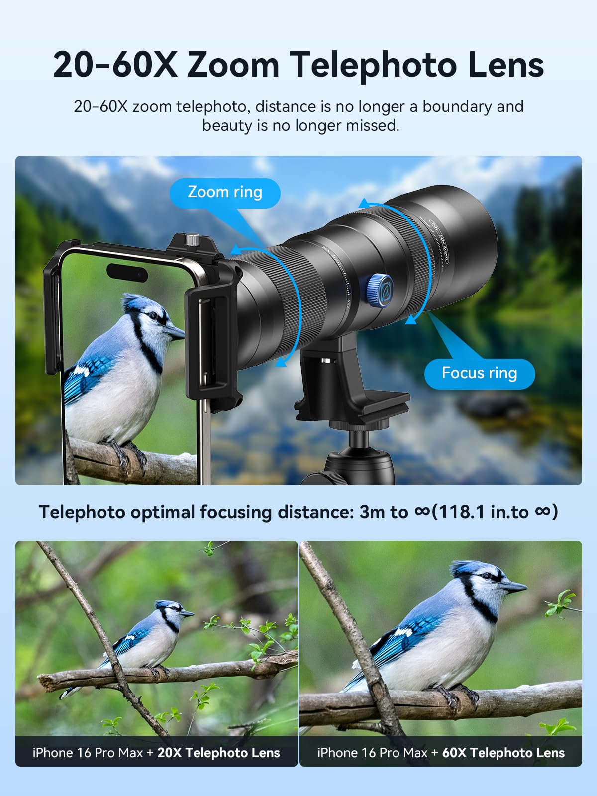 MIAO LAB HD 20-60X Zoom Telephoto Lens for Smartphones | High-Power Phone Lens Kit with Tripod & Universal Clip | Compatible with iPhone 17/16/15/14/13 Series, Samsung & Android Devices