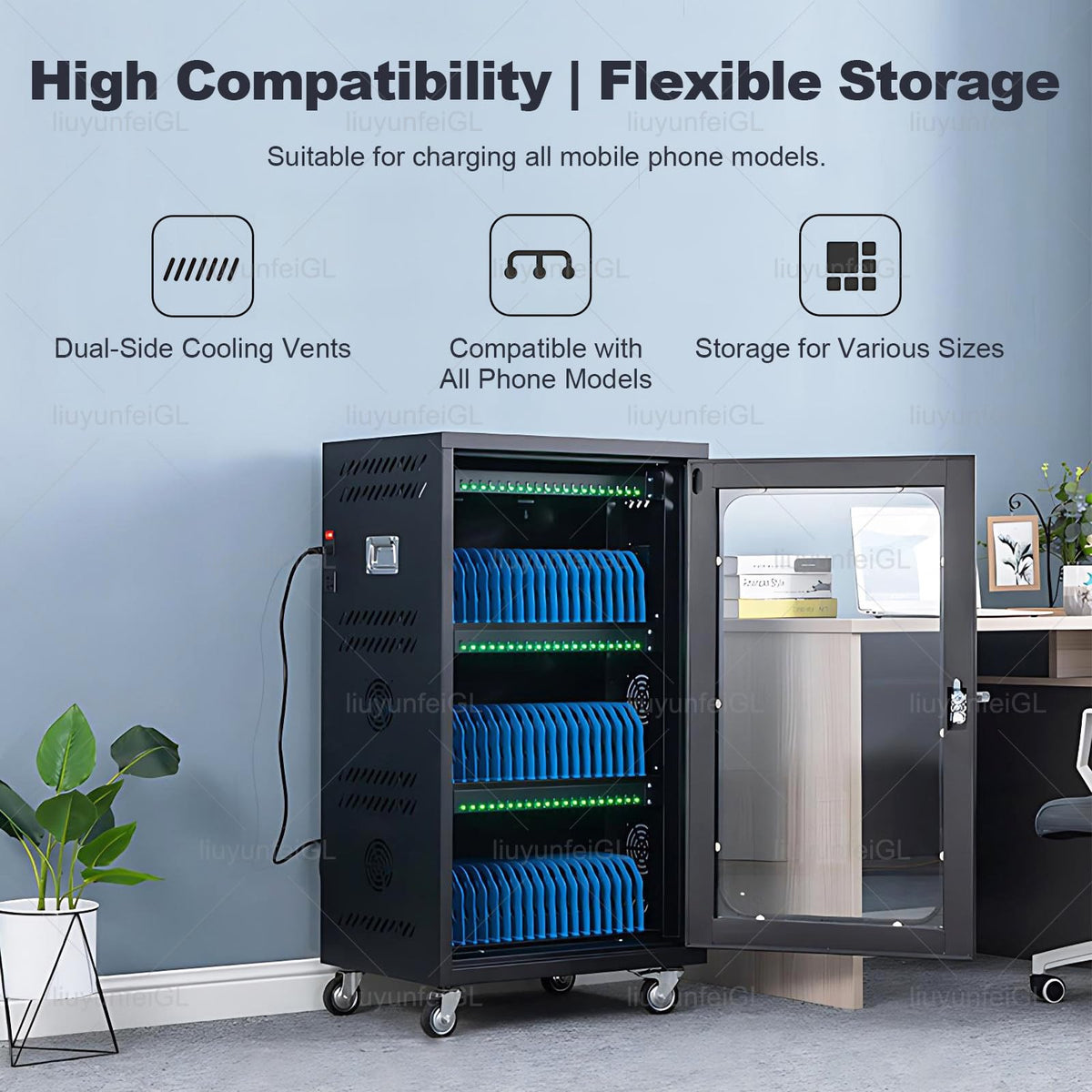 20/30/40/50/60-Slot Cell Phone Storage Cabinet – Steel Locker with Charger & Charging Station, Phone Jail Lock Box, for Classroom & Office 60Port-Black
