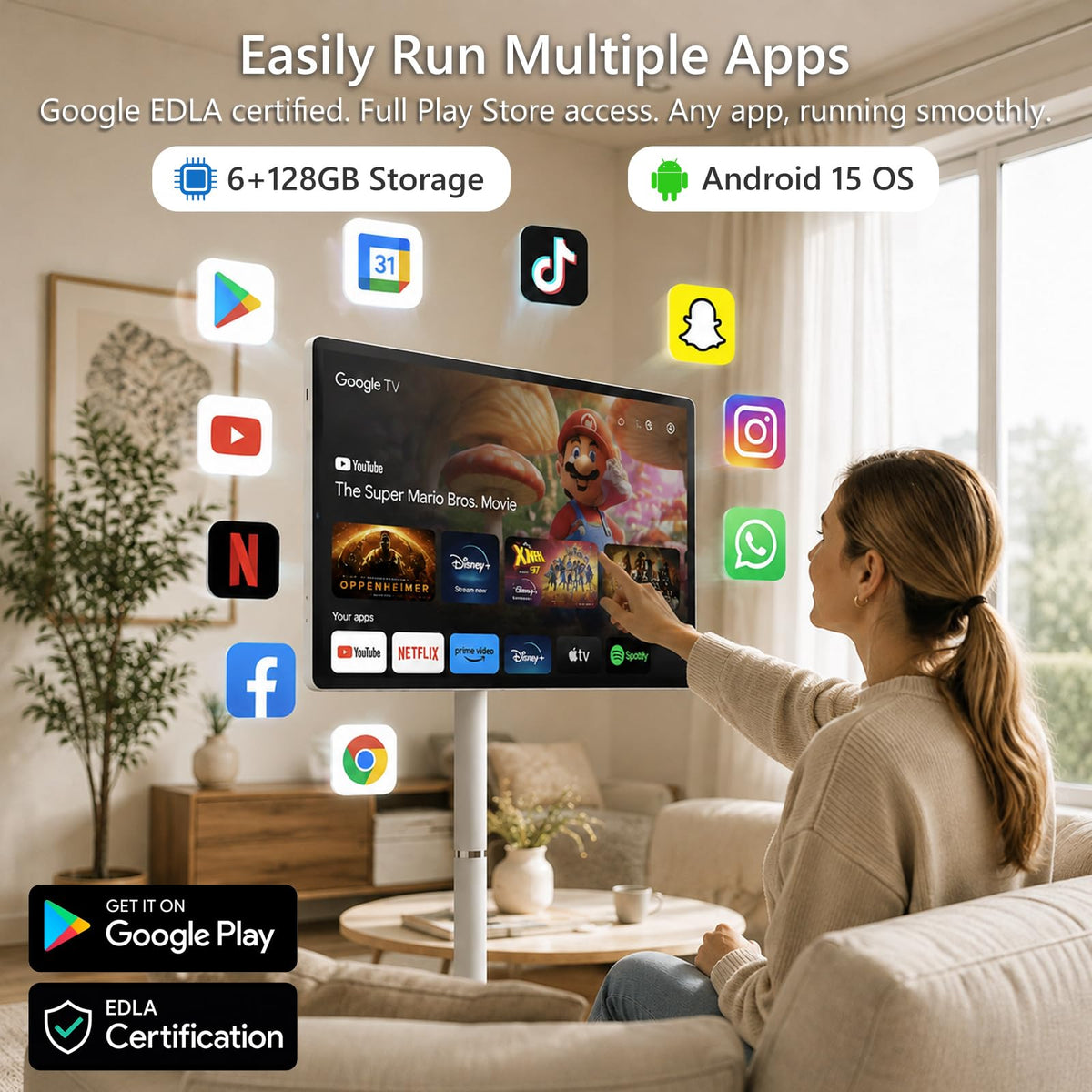 OFD 21.5" Gen2 Portable TV on Wheels,Touchscreen & Rolling Stand,Android 15