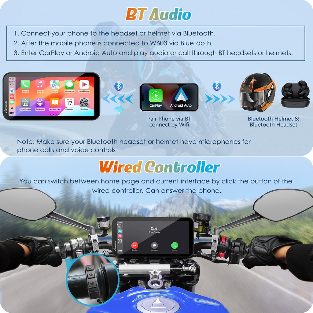 Carpuride W603 6.3" Motorcycle Wireless CarPlay & Android Auto