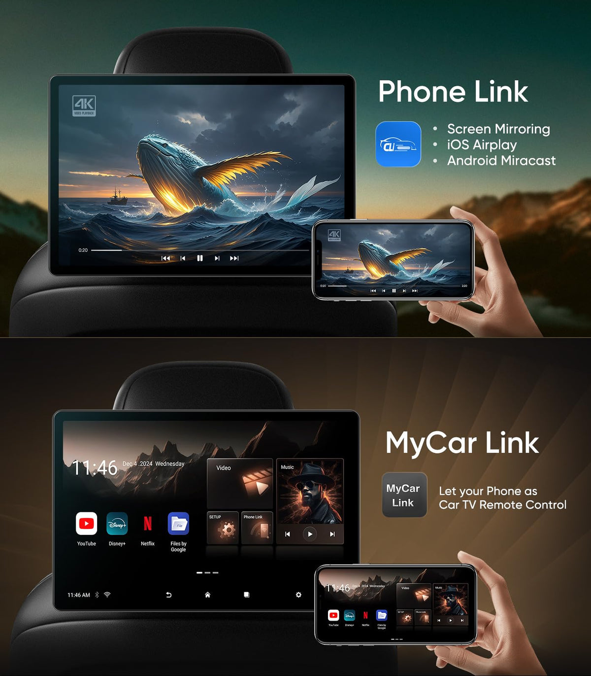 16" Android Car TV Headrest Monitor(Pair),Support Phone Mirror/WiFi/HDMI