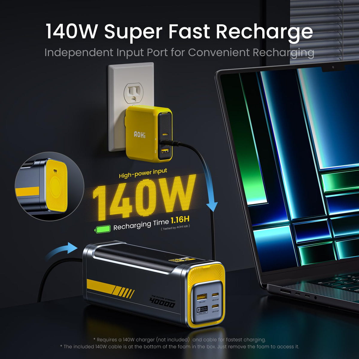 AOHI 40000mAh 140W PD3.1 Laptop Power Bank, 2-in-1 Fast Charging Station