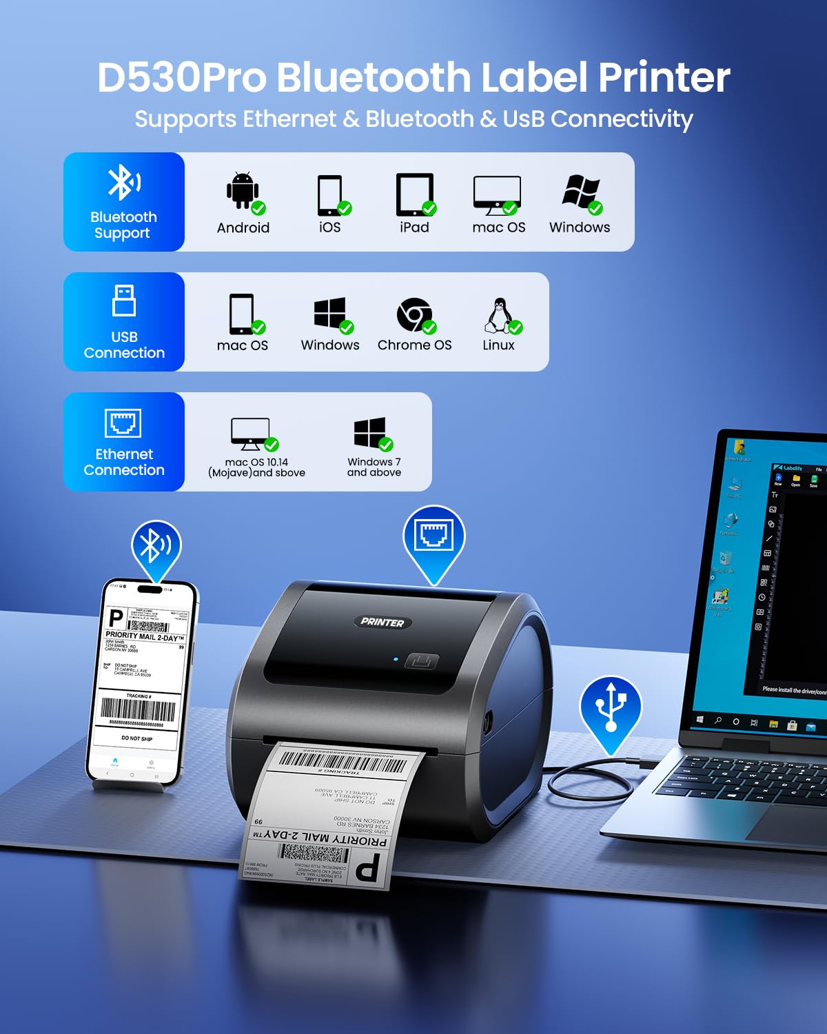 300DPI Ethernet Shipping Label Printer with 500Pcs Labels