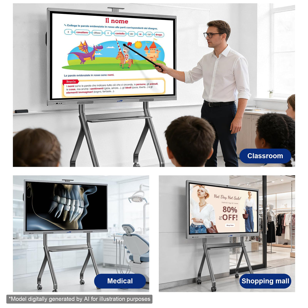 Smart Board Stand for 42-72" Interactive Whiteboards & TVs - Mobile Cart with 4 Lockable Wheels, Height Adjustable Design, 176lbs Capacity - Ideal for Classroom, E-Learning, Home Office