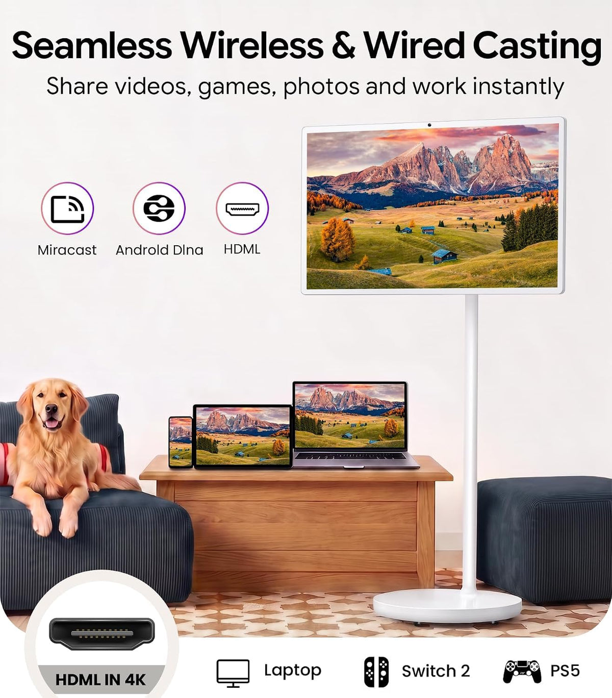 GFF Portable Smart TV 4K, 32 inch Rolling on Wheels, 20000mAh Battery 256GB