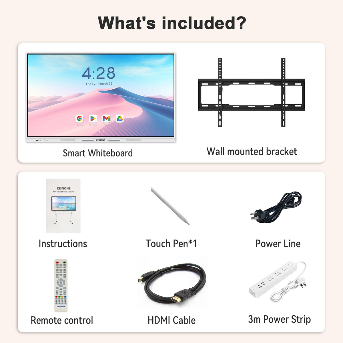 Interactive Smart Board for Classroom, 55” 8+128 GB Electronic Digital Whiteboard Built-in Google EDLA-Certified Android 14 OS - 4K Touchscreen Smartboard for Home Office School Studio Display