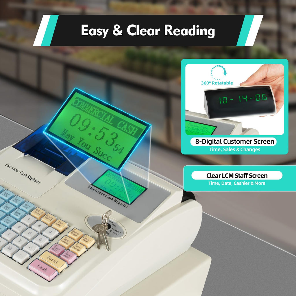 Electronic Cash Register, 48 Keys 8 Digital LED Cash Register
