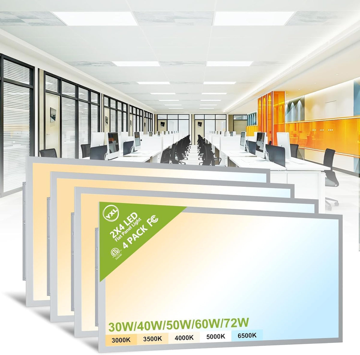 YXL 6 Pack 1x4 LED Flat Panel Light Office Light, 5200LM, 5CCT LED Drop Ceiling Light Fixture, 40W/35W/30W/25W/20W Selectable,6500K/5000K/4000K/3500K/3000K,Dimmable 0-10V,ETL