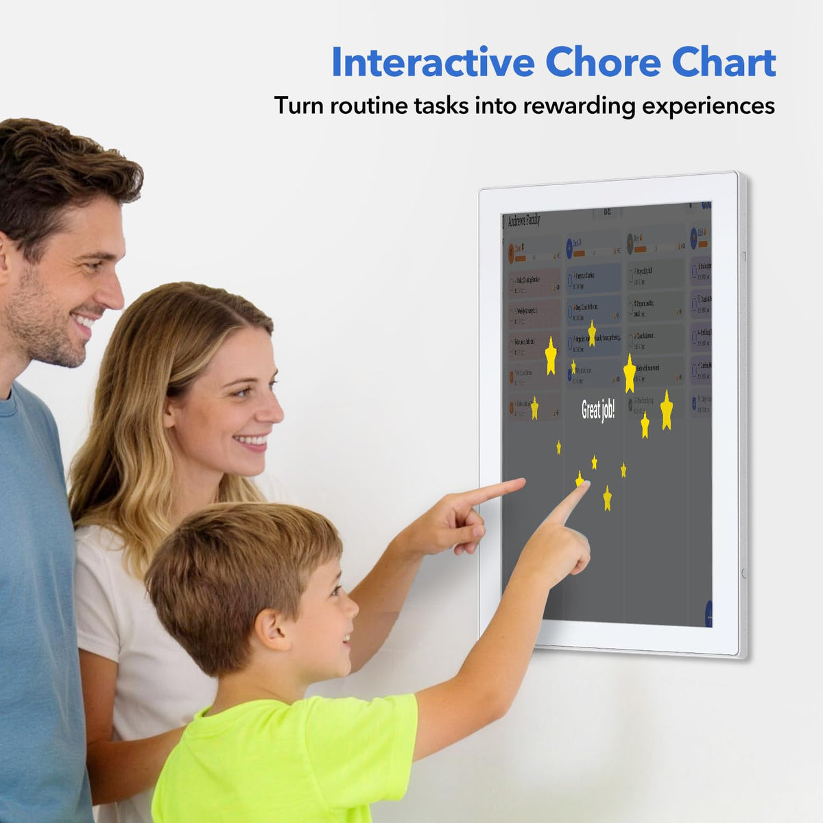 Digital Calendar Wall Touch Screen, 21.5IN Smart Electronic Wall Planner with Interactive Chore Chart for Family Schedule Organizer & Photo Frame, No Subscription, Two Way Sync, Wall Desk Mountable
