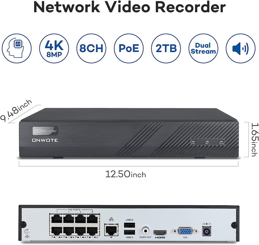 ONWOTE 8 Channel 4K NVR Security Camera System, 6X 8MP 125° PoE IP Cameras