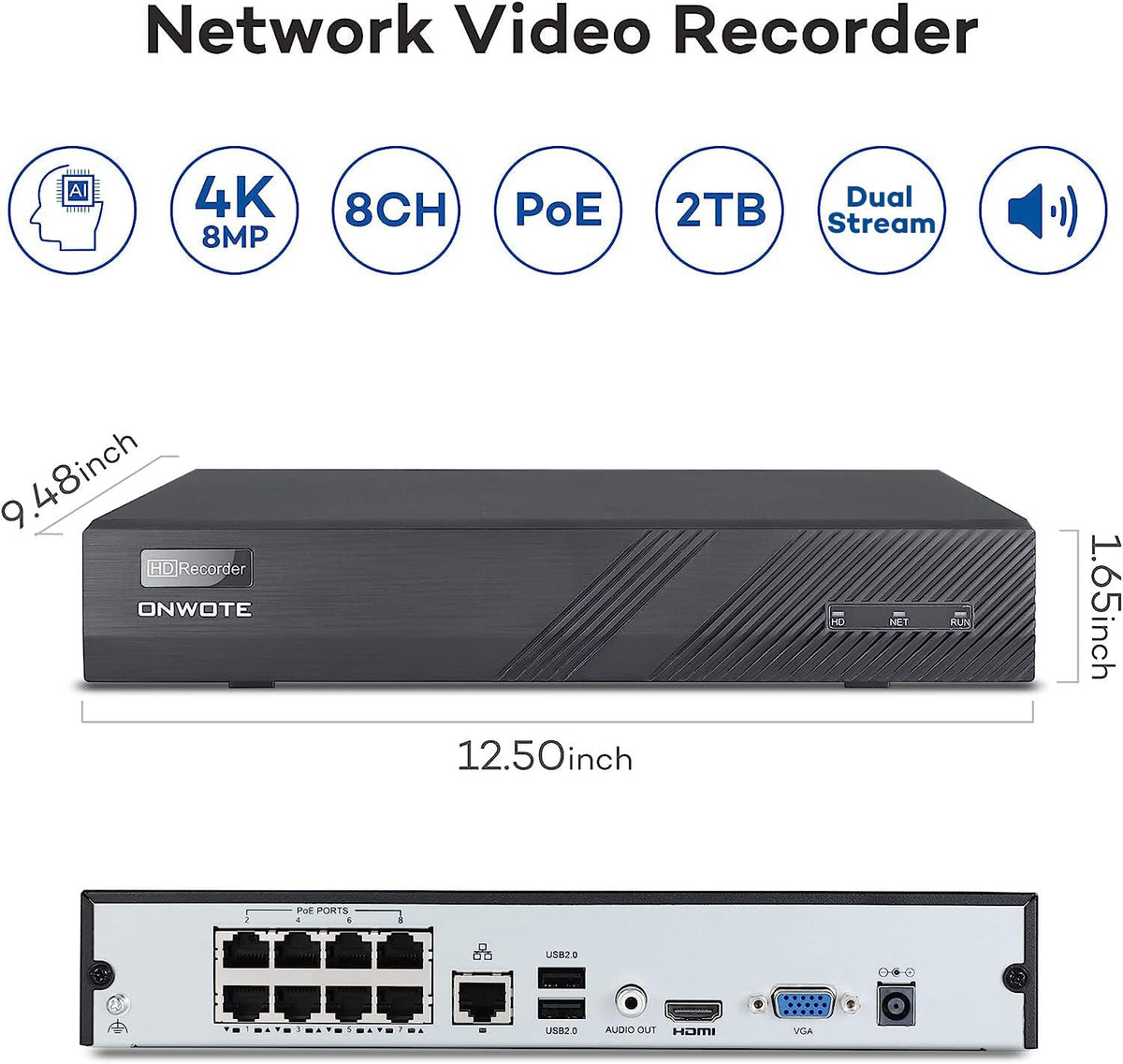 ONWOTE 8 Channel 4K NVR Security Camera System, 6X 8MP 125° PoE IP Cameras