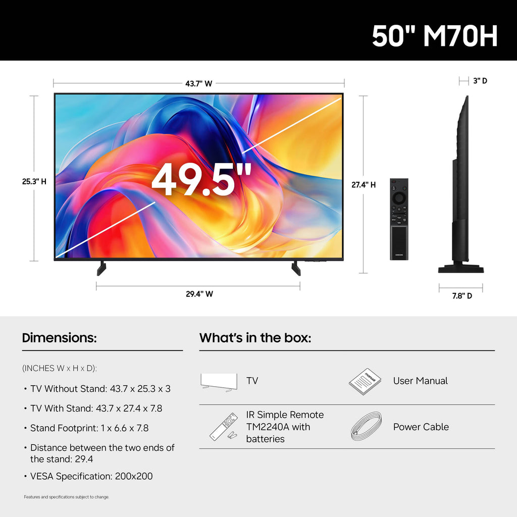 Samsung 50-Inch Class M70H Series, Mini LED, 4K, Smart TV, 2026 Model