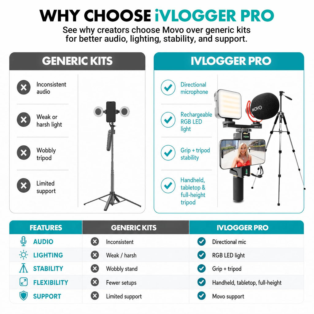Movo iVlogger-PRO Vlogging Kit for iPhone with Mic, Light, and Tripod