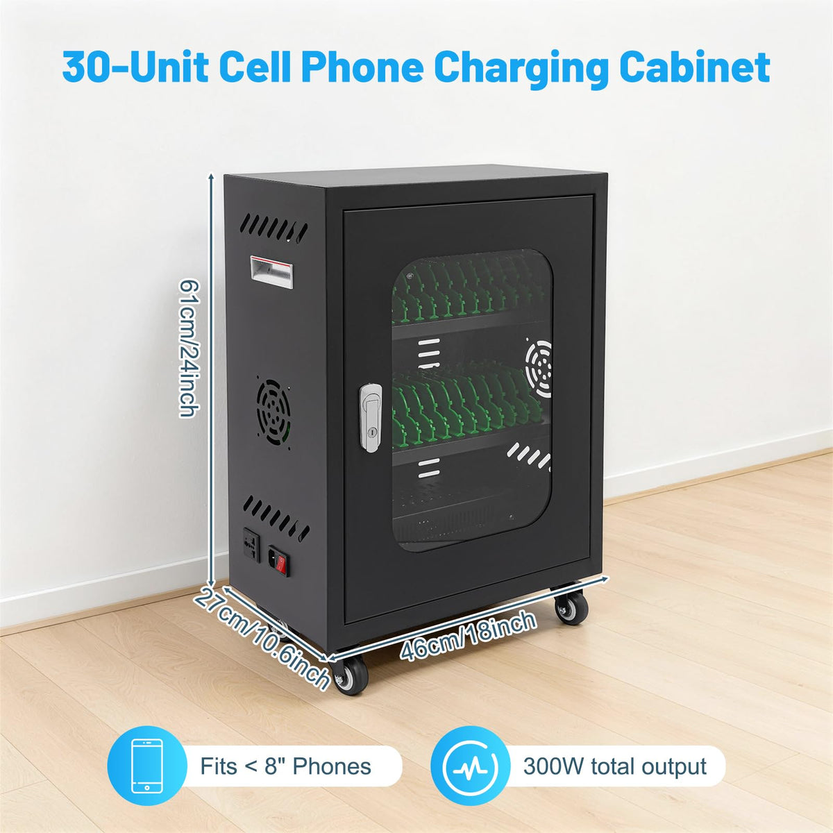 30 Unit Cell Phone Charging Cabinet, Lockable Steel Cellphone Charging Stations Fits 8" Cell Phones, 300W Multi-Device Charging Storage Box with 2 Keys for Library, Office & Classroom (Black)
