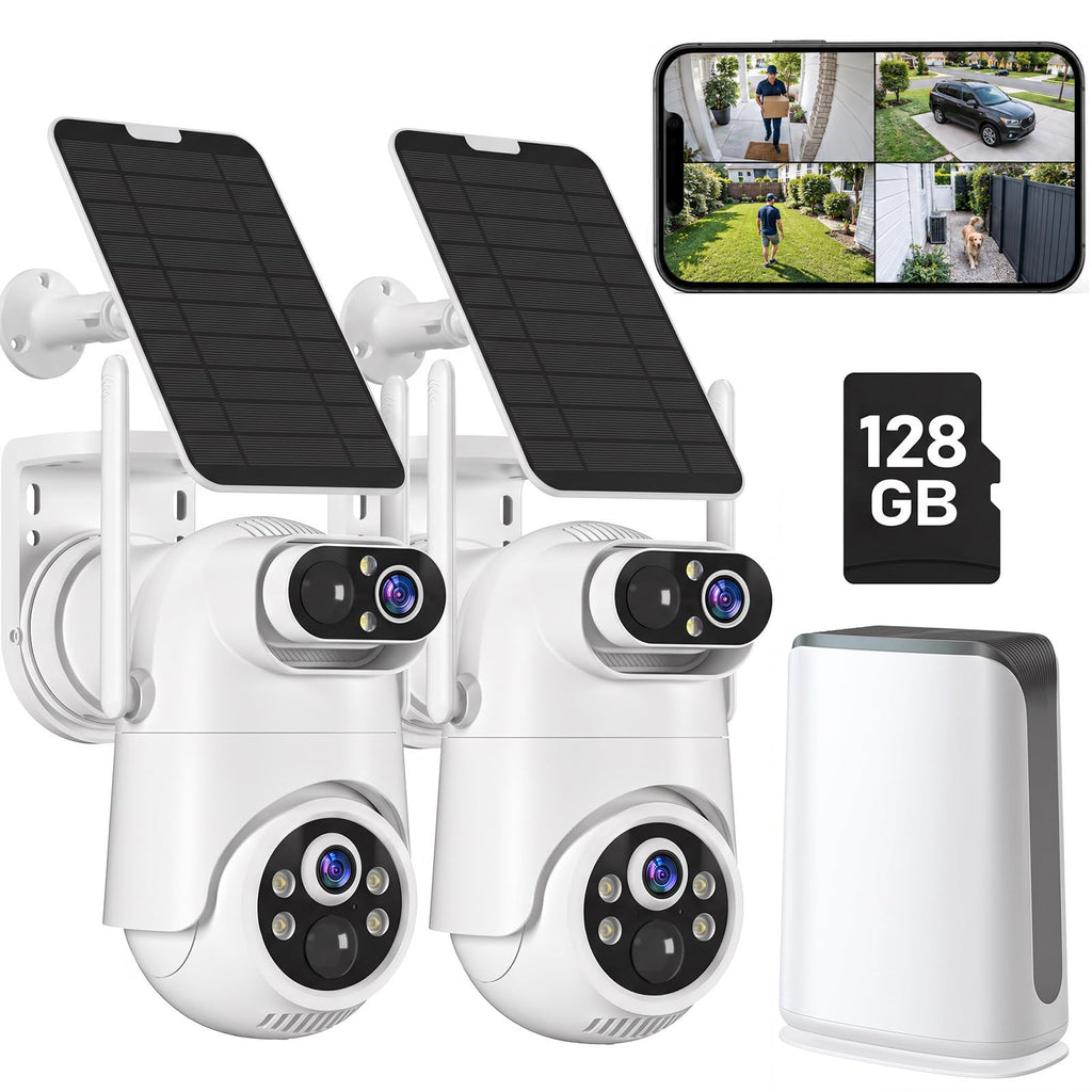 Solar Security Cameras Wireless Outdoor No Subscription with 128GB SD Home Hub, 4 Cam Kit 8 Views Dual-Len Solar Powered Camera Home Security System, 5GHz & 2.4GHz Wifi, 4MP Color Night Vision IP66