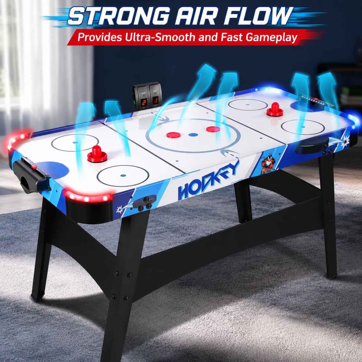 58" LED Light-Up Air Hockey Table - Arcade Style Air Hockey Game Set w/Accurate Electronic Scoring, Powerful 12V Motor for Game Room, Home & Office, Includes 2 Pucks & 2 Pushers