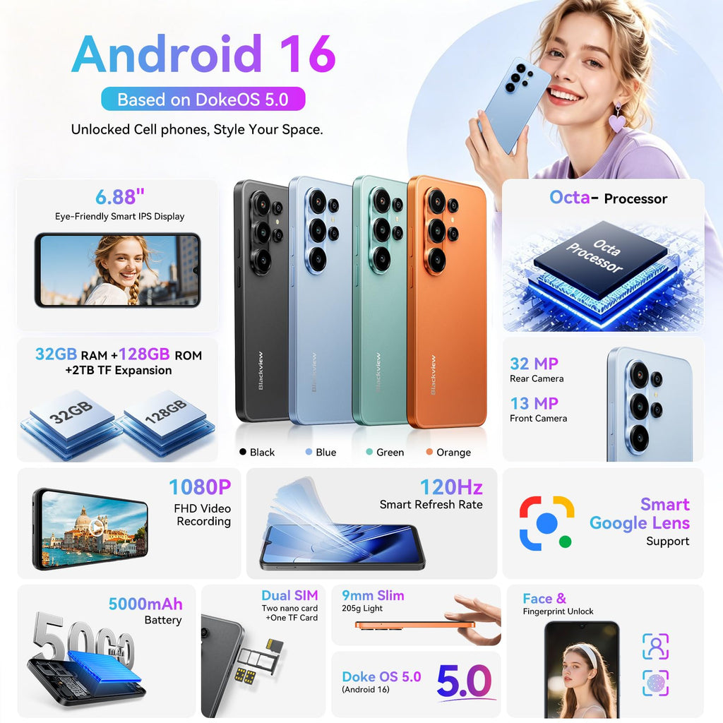 Blackview Wave 10 Unlocked Cell Phone, Smartphones for T-Mobile, Blue