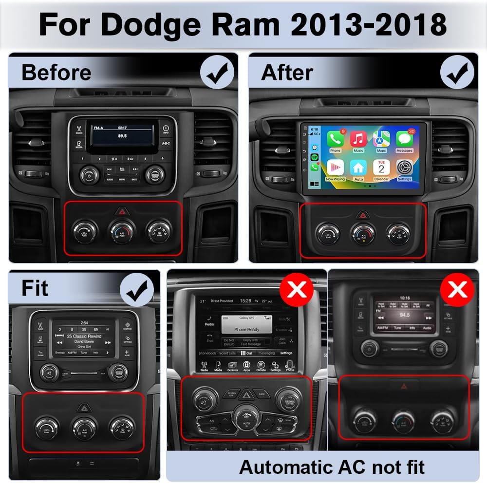 Junsun 8 Core Car Radio Stereo for Dodge RAM 1500 2500 3500 2013 2014 2015 2016 2017 2018 with Carplay Android Auto Bluetooth 4+64GB (Only fit Manual AC)