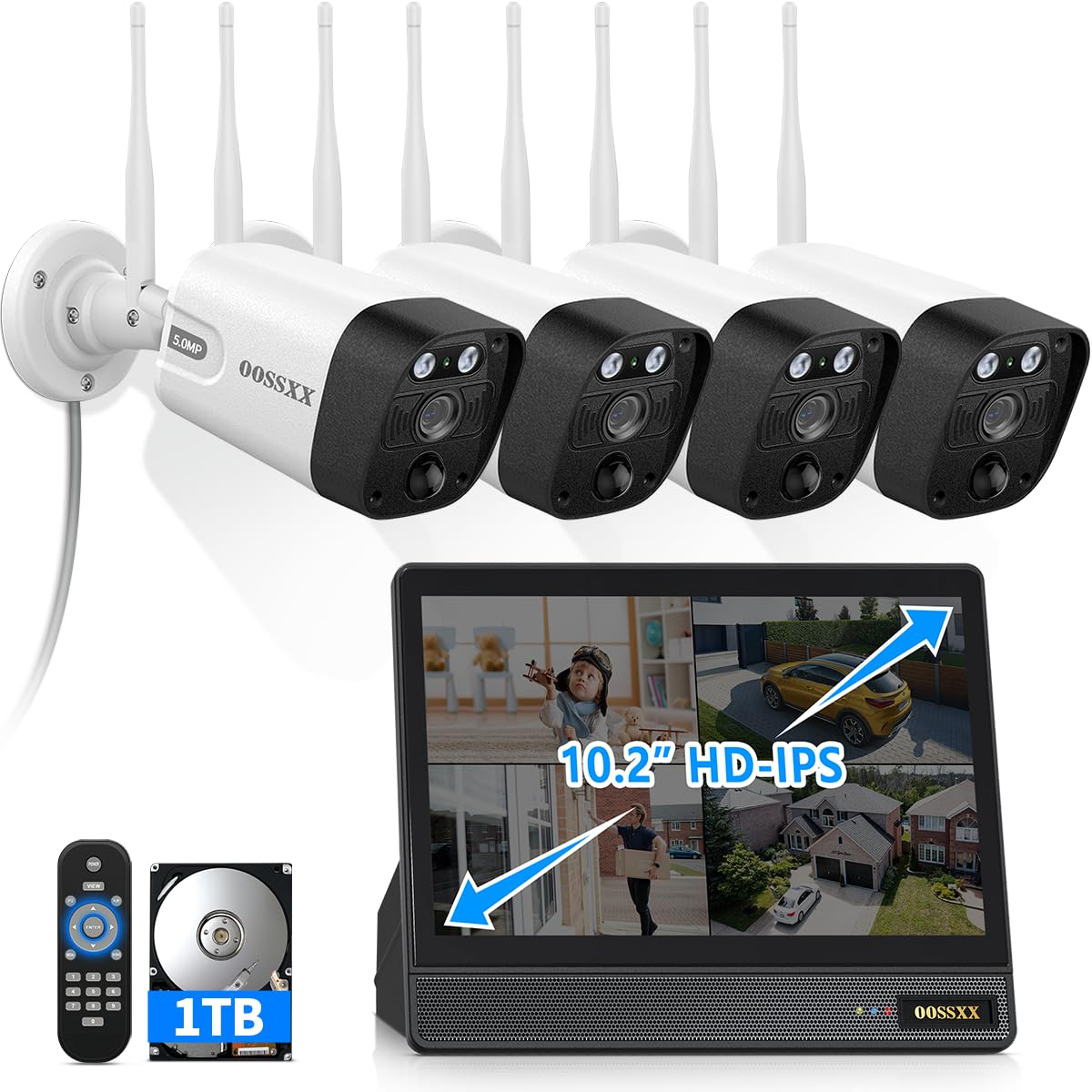 5MP Outdoor Wireless Security Camera System 10" IPS Monitor NVR, 1TB HDD