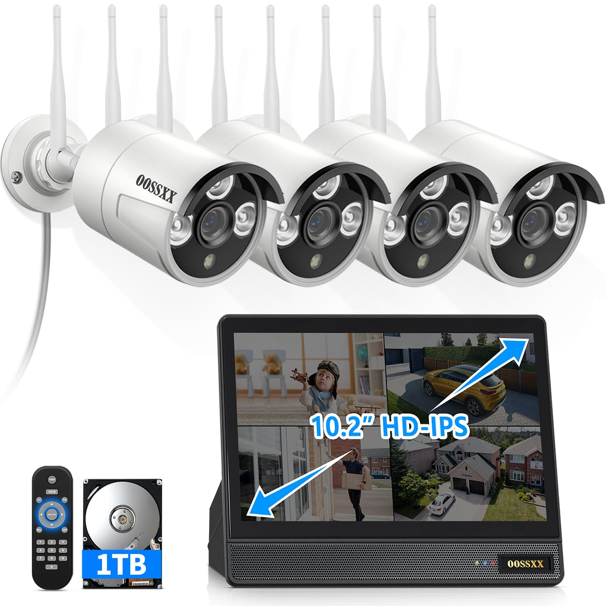 3MP Wireless Security Camera System Outdoor, 10CH 10'' IPS Monitor 1TB HDD