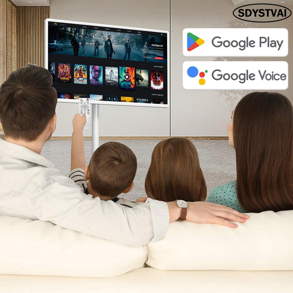 32-Inch FHD Smart Portable TV, Rolling TV on Wheels, Built-in Battery, Android 15 OS, Touch Screen Monitor, 6GB RAM + 128GB Storage, 8MP Camera, Full Swivel Rotation, Voice Remote