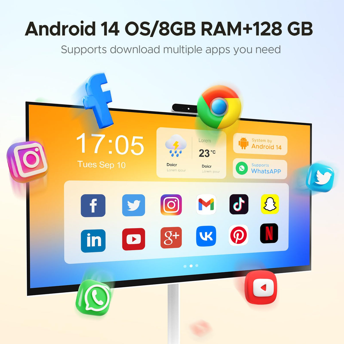 32" Smart Portable TV on Wheels, FHD Touchscreen Rolling Monitor