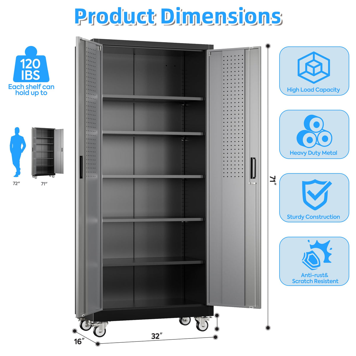 71"x32"Wx16 D Metal Garage Storage Cabinet with Wheels
