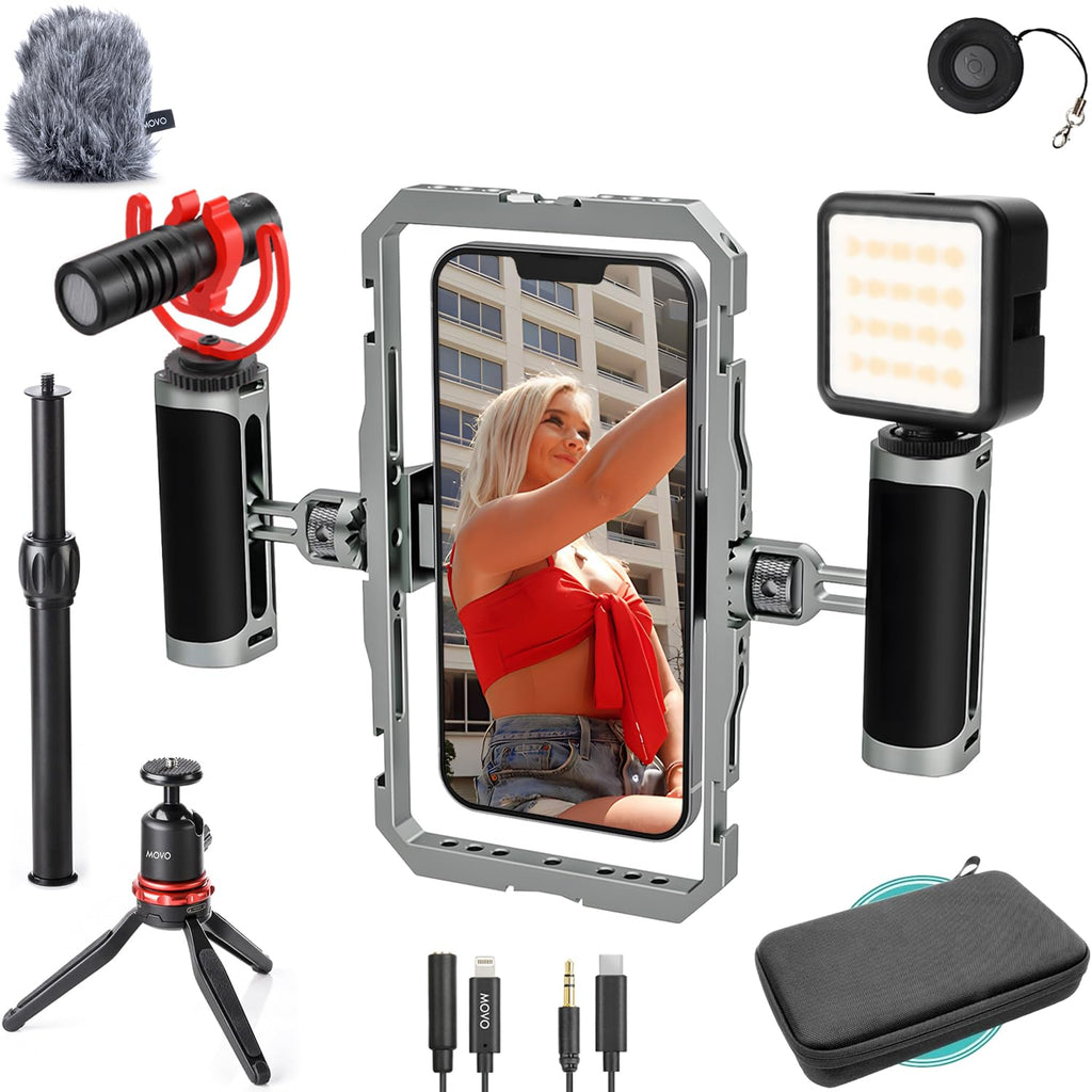 Movo iFilmer-PRO Smartphone Video Rig Kit – Stabilizer Cage with Dual Grips, VXR10 Shotgun Microphone, LED Light, & Tripod for iPhone/Android