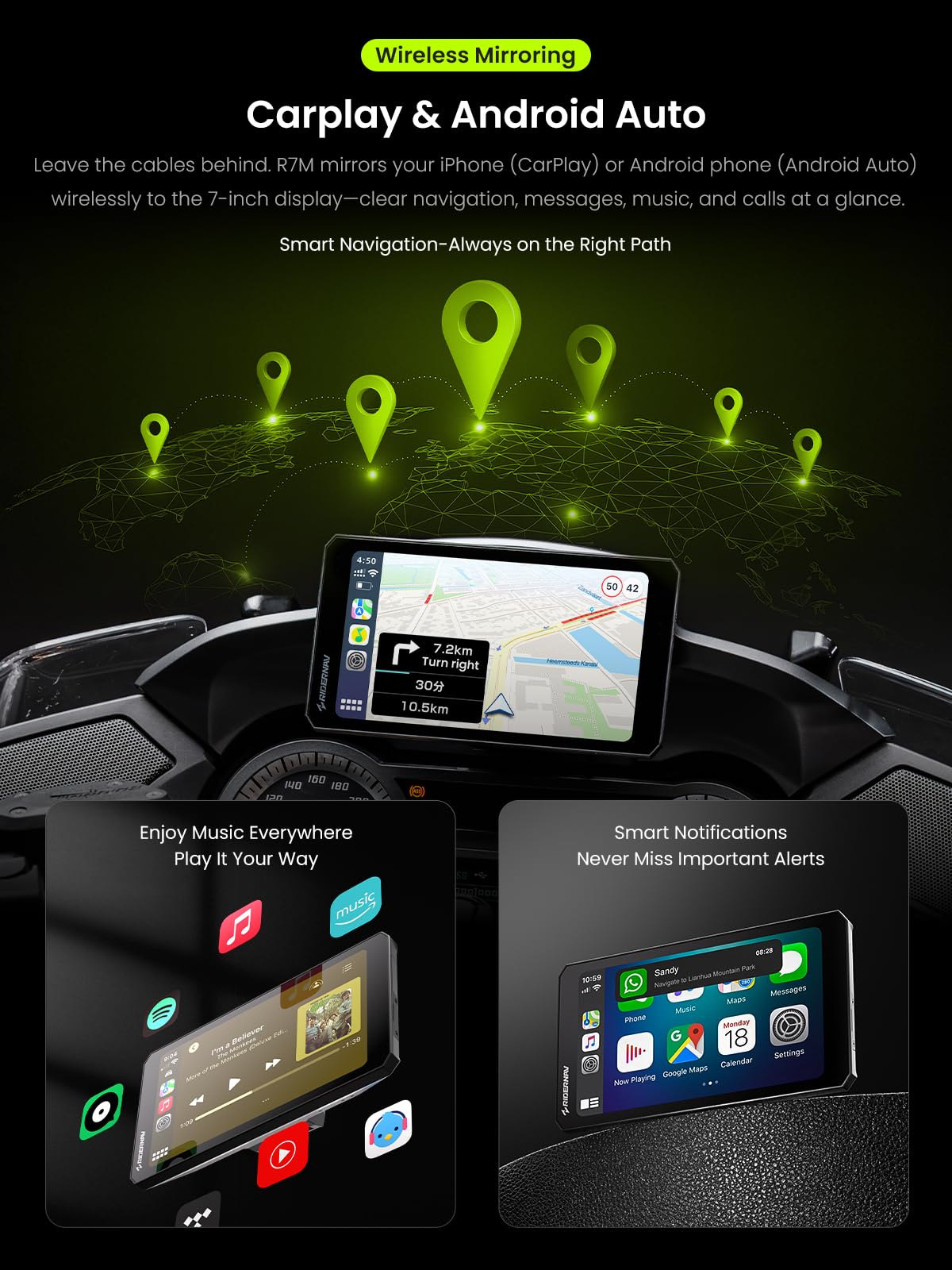 R7M 7" Wireless Motorcycle CarPlay & Android Auto for BMW Motorcycles - Native Wonder Wheel & Action Camera Control (GoPro/Insta360)| TPMS/RPM| OTA Updates|1200-Nit IP69K GPS | Nav Prep 5/6