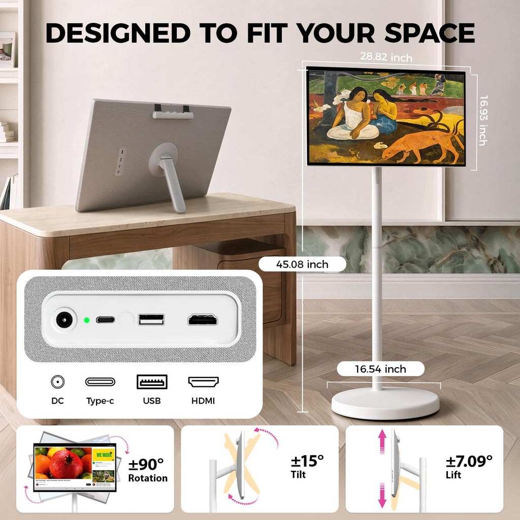 VLH 27″ 2-in-1 Smart Portable TV on Wheels,Detachable Touchscreen, Android 15 Tablet 6+128G Wireless Rolling Display with 4K Camera, 10W Speaker,Voice Air Remote, EDLA Certified, Bedroom Patio Outdoor