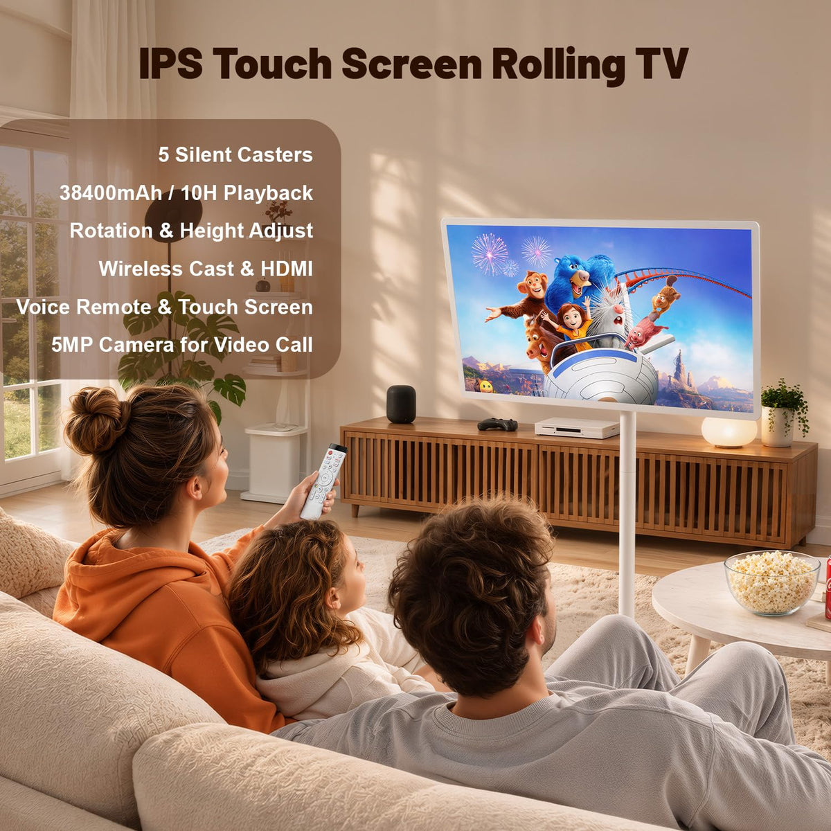 VLH 32 Inch Smart Portable TV Tablet with Rolling Stand, 1080P Touch Screen Rolling TV, Built-in 38400mAh Battery, Android 15, 8+128GB Wireless TV on Wheels with Remote, 360° Rotation, 5MP Camera