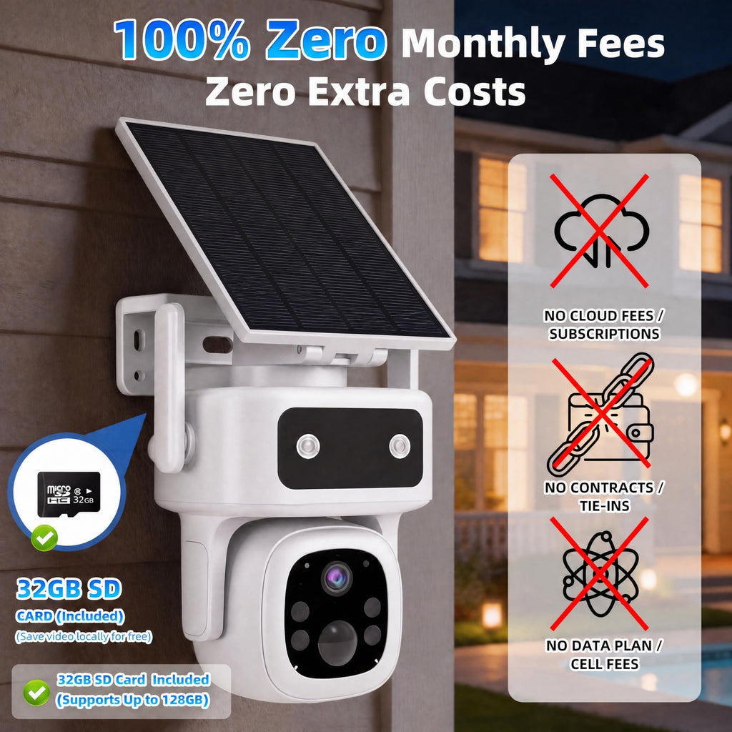 Lifetime Free Data & No Monthly Fee 4G LTE Solar Cellular Security Camera Outdoor Wireless,No WiFi Needed, 360° PTZ, 2K Full Color Night Vision, Human Tracking, 2-Way Audio, 32GB SD Card, IP66-White