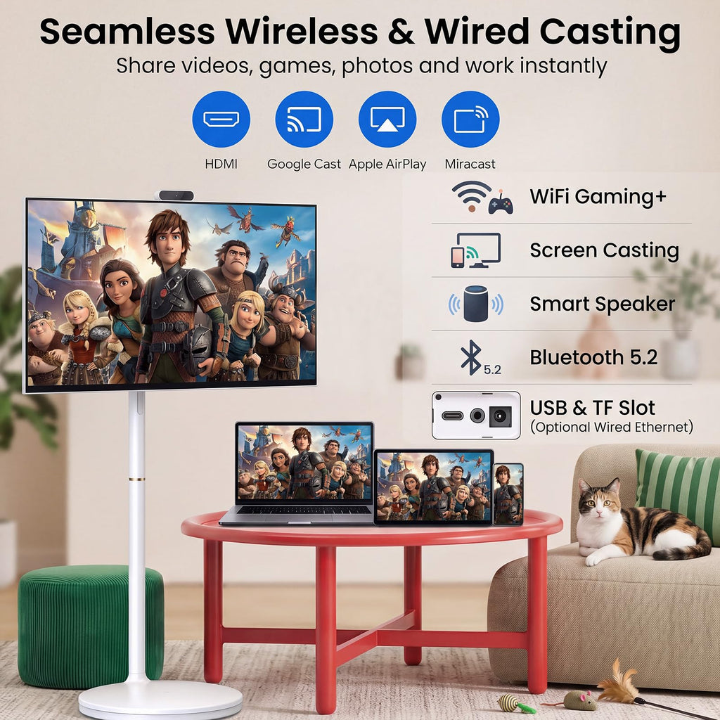 32 Inch 4K Smart Portable TV on Wheels, Touch Screen Monitor