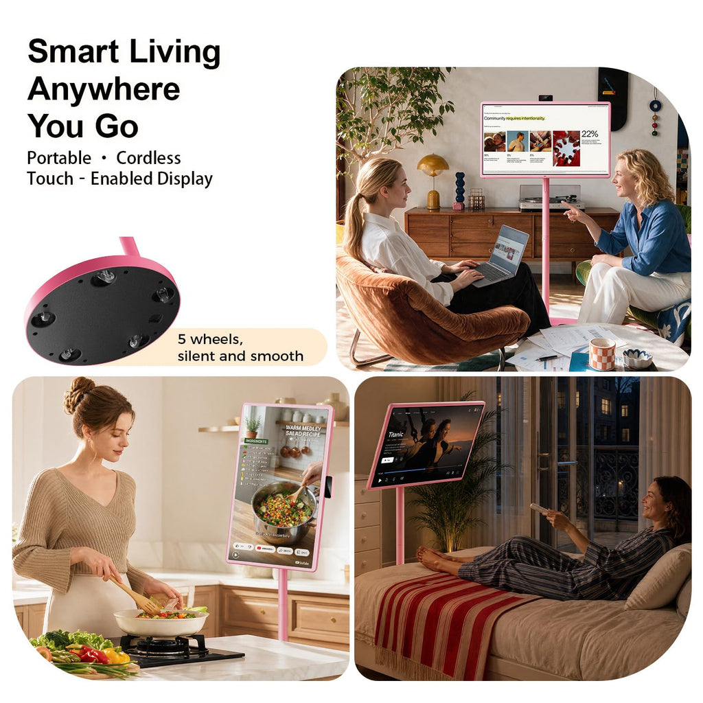 32" Portable Smart TV with Android 15, 1080P Touch Screen Monitor on Wheels, EDLA-Certified, 8GB+128GB Storage, 5MP Camera, 10H Playing Time, Rotatable Display, Wireless Casting, Voice Remote Control