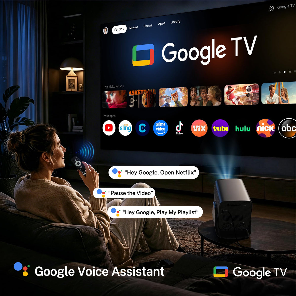 1200 ANSI Google TV-Licensed Projector, 4K/8K Input Support, Dual 36W Dolby
