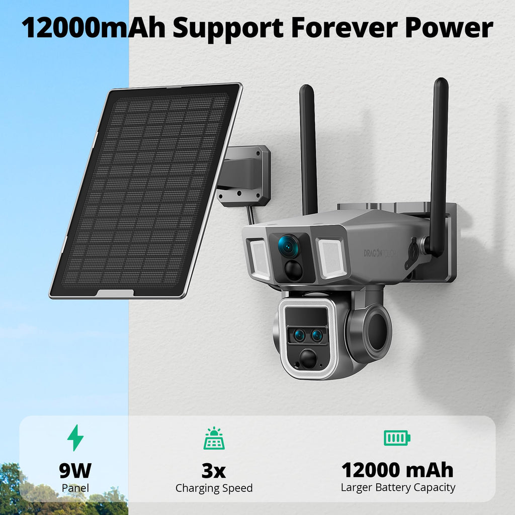 Dragon Touch 4G LTE Cellular Security Camera Outdoor, 4K Wireless Solar Bullet-PTZ Cam, 3 Lens, 10x Optical Zoom, 4G or WiFi 2 Mode, 360° PTZ AI Tracking, SIM Card and 64GB SD Card Included