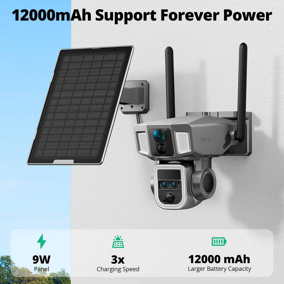 Dragon Touch 4G LTE Cellular Security Camera Outdoor, 4K Wireless Solar Bullet-PTZ Cam, 3 Lens, 10x Optical Zoom, 4G or WiFi 2 Mode, 360° PTZ AI Tracking, SIM Card and 64GB SD Card Included