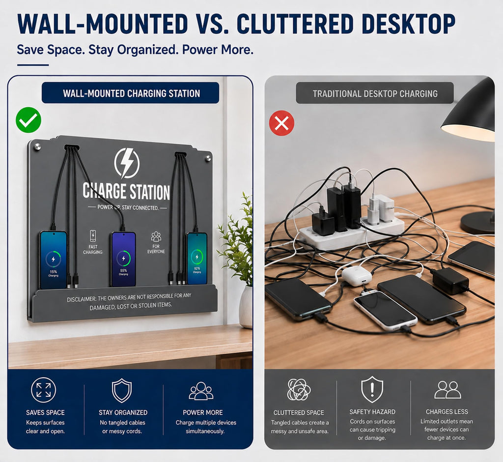 Wall Mounted Cell Phone Charging Station 8 Charging Cables 5V2.4A